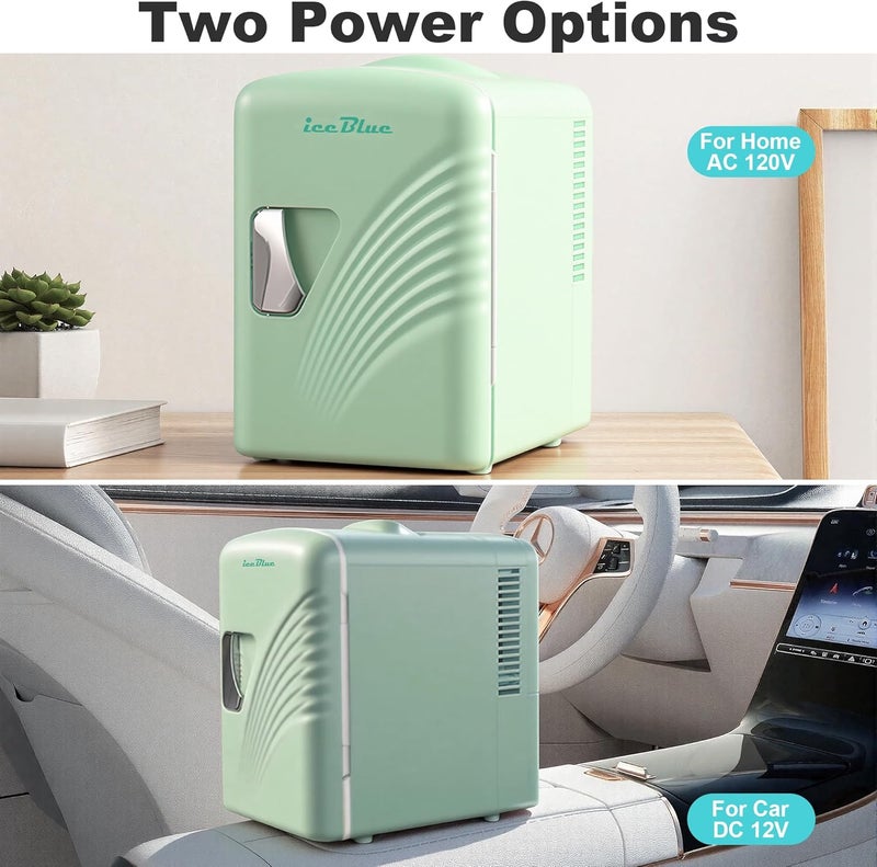 Iceblue Mini Fridge, Retro 4Liter /6 Cans Tiny Fridge, AC Plug & 12V Car Charger Skincare Fridge, Compact & Portable 4A Cooling Small Refrigerator for Bedroom, Car, Office, Dorm, Gift - Green - Image 5
